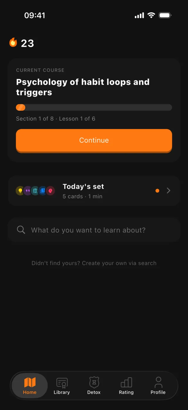 Home screen: current course, today’s card set and search
