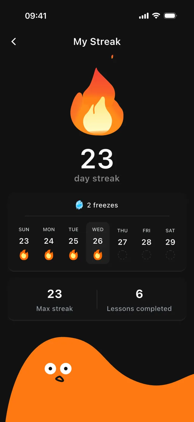 Streak screen: 23 days in a row and two freezes saved